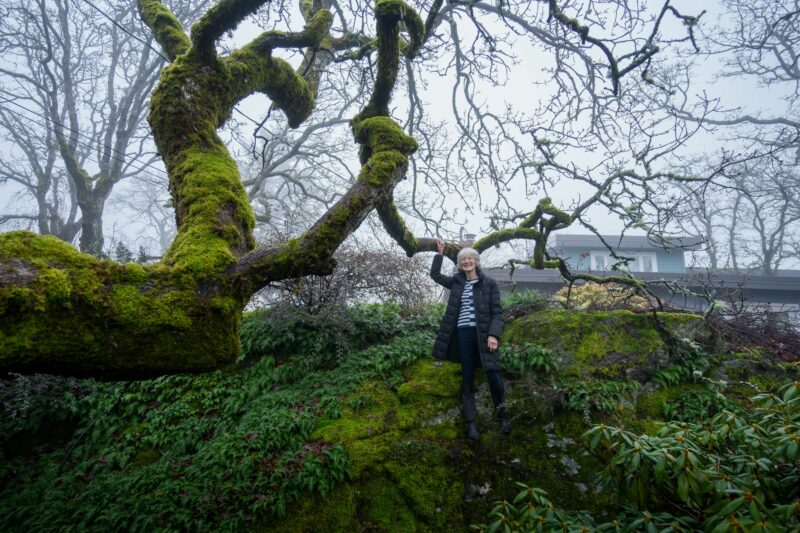 Susan Haddon rests her hand on an old Garry Oak tree by her home in Saanich, B.C.
