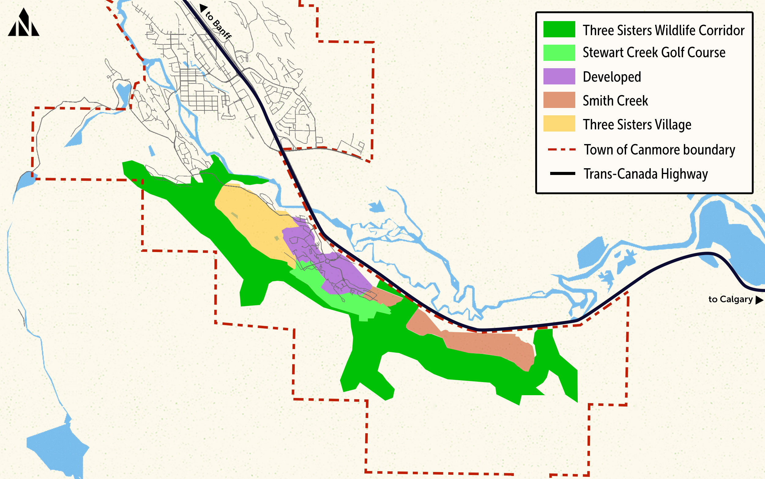 A map of the Three Sisters land in Canmore, with existing and future developments