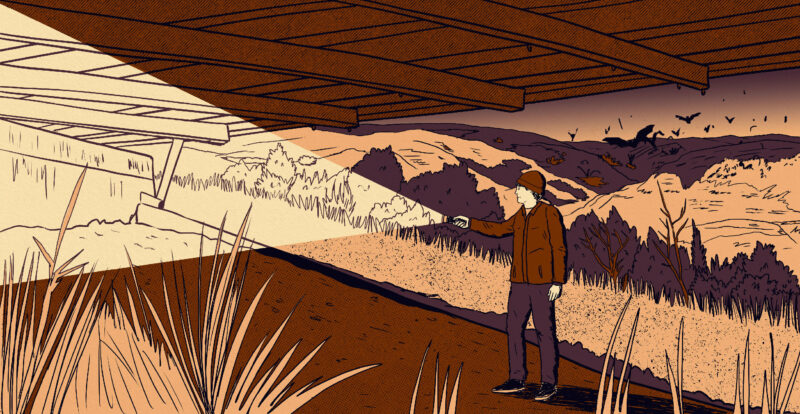 An illustration of a man shining a flashlight under a bridge at sunset, with Alberta badlands in the distance