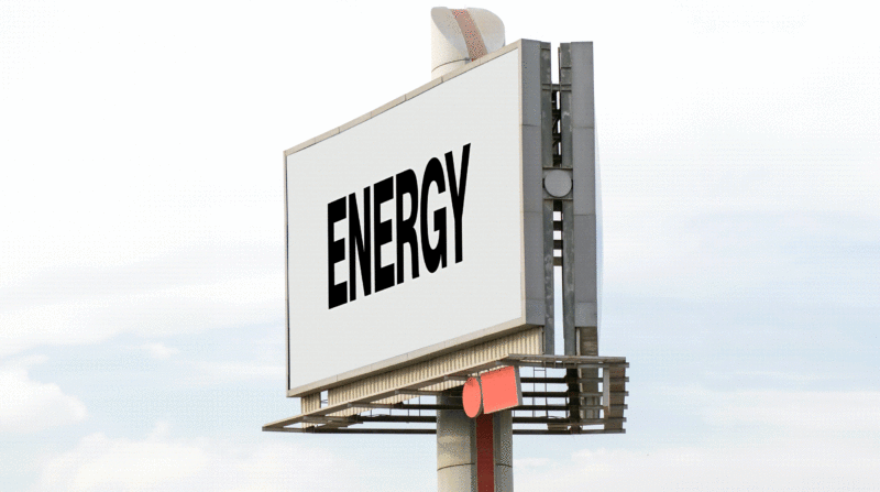 Animation of a freestanding billboard that says "ENERGY" having the words "clean", "environmentally friendly", "natural", "biodegradable" and "climate neutral" added to it.