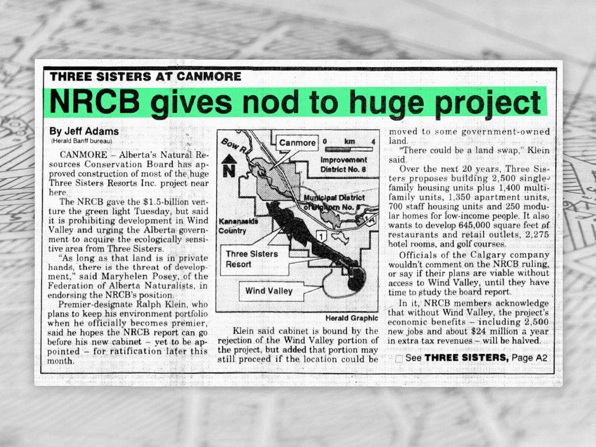 A Calgary Herald article from 1992 discussing the provincial approval of the Three Sisters development