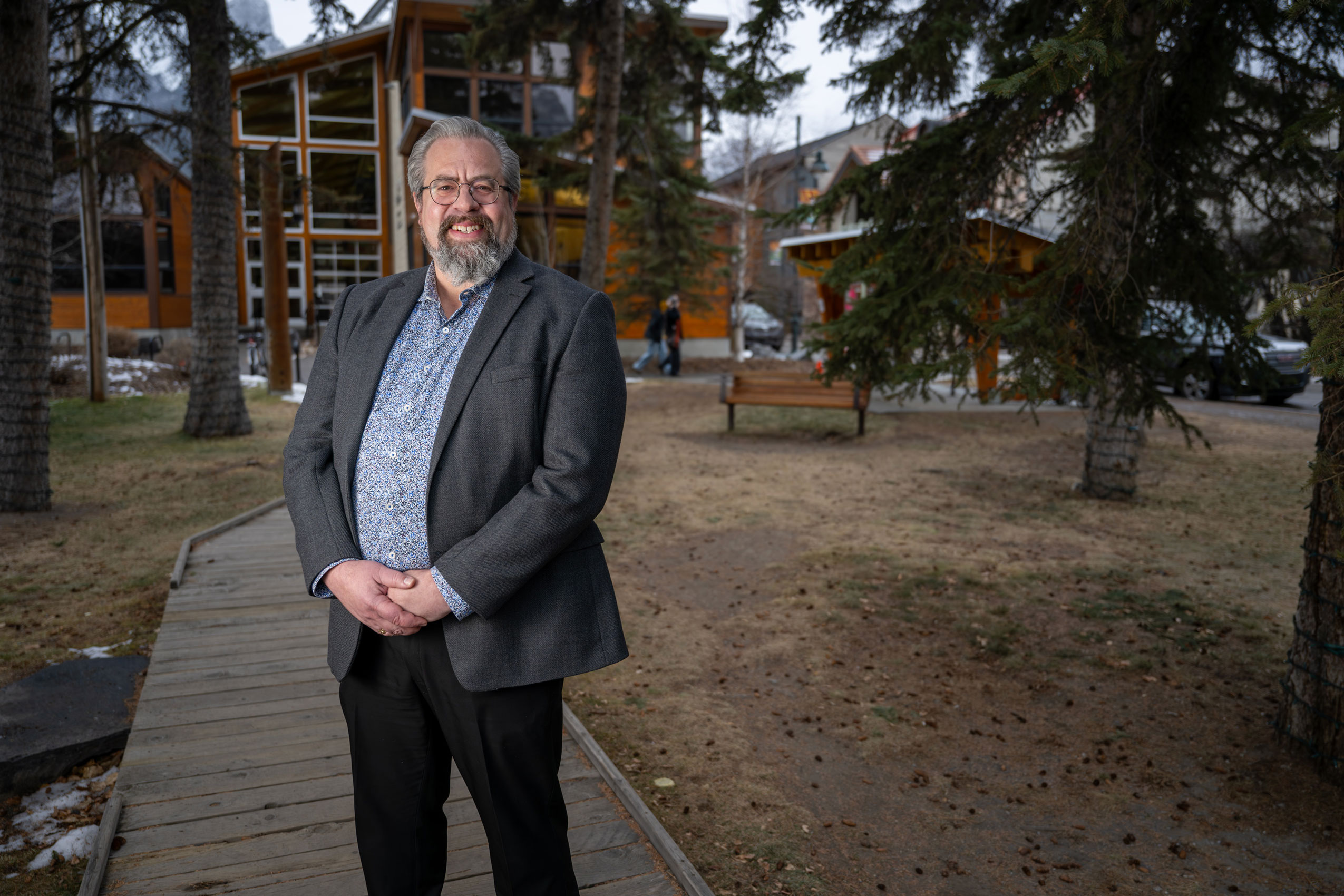 Sean Krausert, the mayor of Canmore, stands before the town hall
