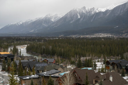 A view of the Bow Valley and homes in Canmore Alberta