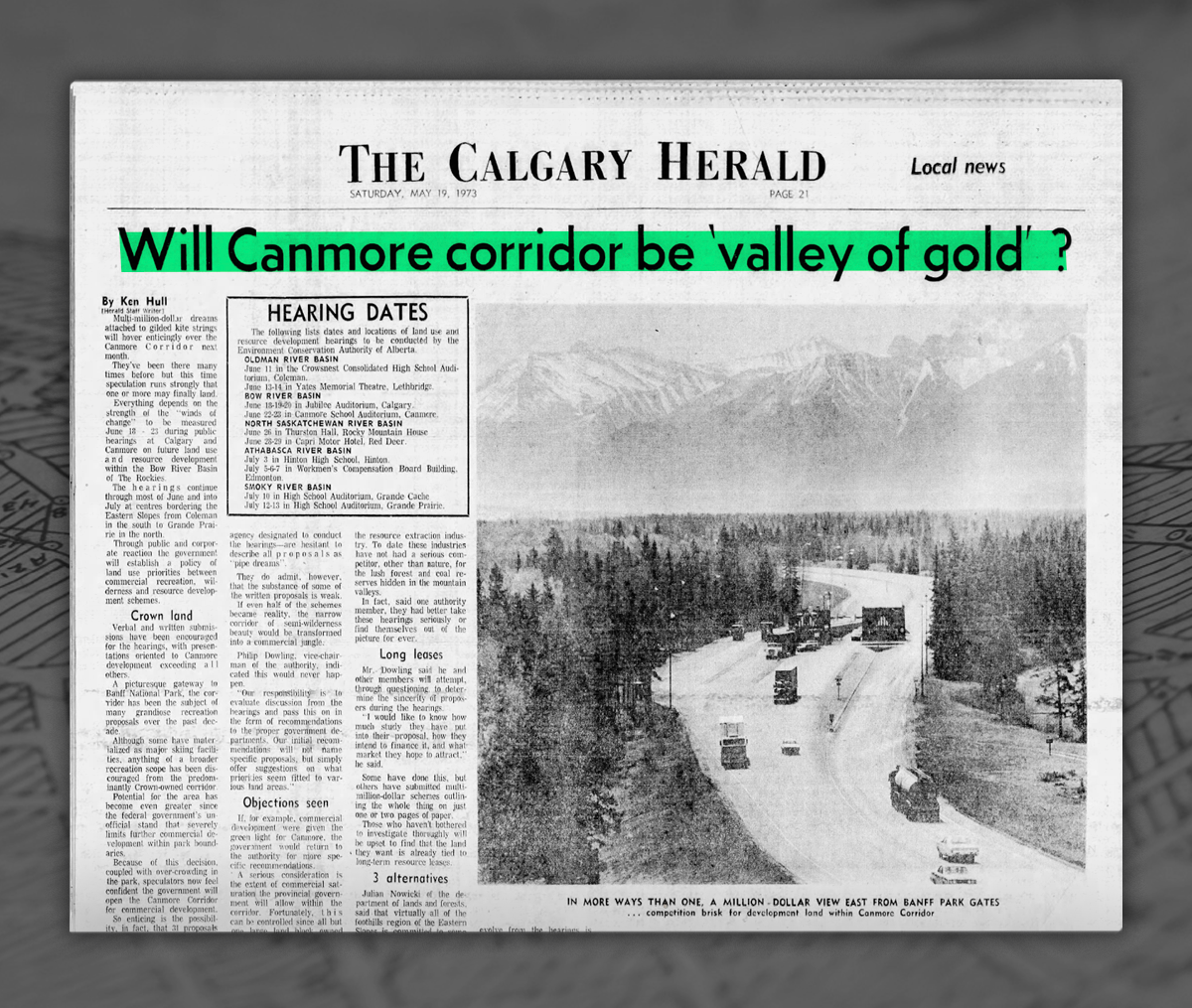 The front page of Calgary Herald newspaper from 1973 dealing with possible development around Canmore