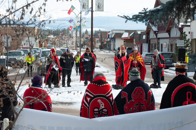 Gitxsan Simgiigyat (Hereditary Chiefs) speak at a rally in Smithers, B.C.