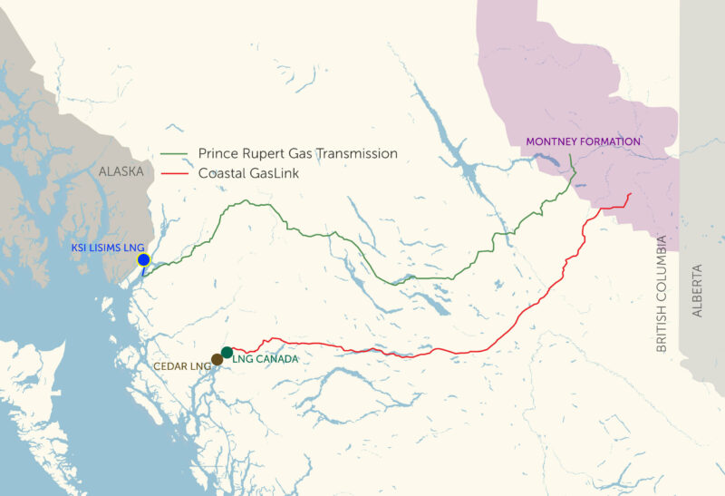 B.C. map showing two pipelines and three LNG facilities
