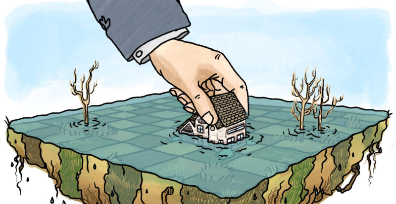 An illustration of someone putting a house on a chess board-esque land that is flooding