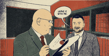 A comic-style illustration of former Ontario housing minister Steve Clark and his former chief of staff, Ryan Amato, both wearing suits in an office. Clark is reading a document, and a speech bubble over Amato's head says: "Leave it with me."
