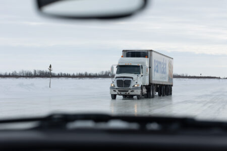 A food delivery truck drives toward Kashechewan on the James Bay winter road in northern Ontario