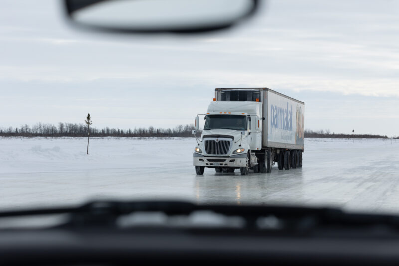 A food delivery truck drives toward Kashechewan on the James Bay winter road in northern Ontario