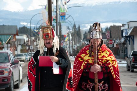 Gitxsan Simgiigyat (Hereditary Chiefs) speak at a rally in Smithers, B.C.