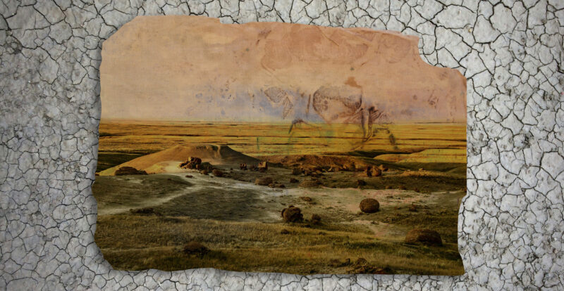 An illustration, showing a stylized prairie landscape with green grass, laid on top of parched dry earth as a background.