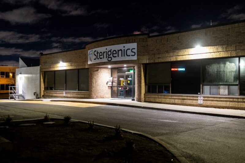 A nighttime photo of the outside of the Sterigenics factory in Mississauga, Ont.