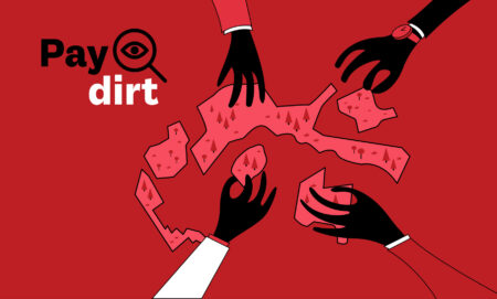 An illustration with a red background. Top left reads 'Paydirt,' a podcast miniseries from The Narwhal and The Big Story. Adjacent is a magnifying glass. Then next to it an illustration of four hands with black gloves reaching for different parcels of land — a depiction of the Ontario government's Greenbelt carveouts (which were subsequently reversed).