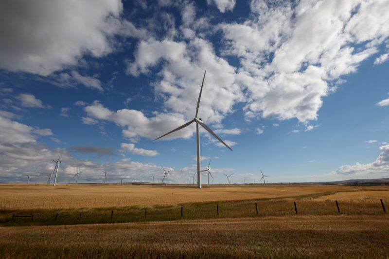 A large windmill in a brown field, with a dozen more on the horizon and blue skies with white clouds overhead.