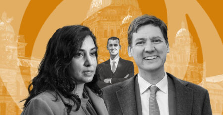 Illustration featuring images of B.C. Attorney General Niki Sharma, B.C. Premier David Eby and former political staffer Liam Iliffe