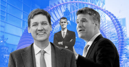 A photo-illustration with a blue background and three men in black and white cut and pasted in front of it