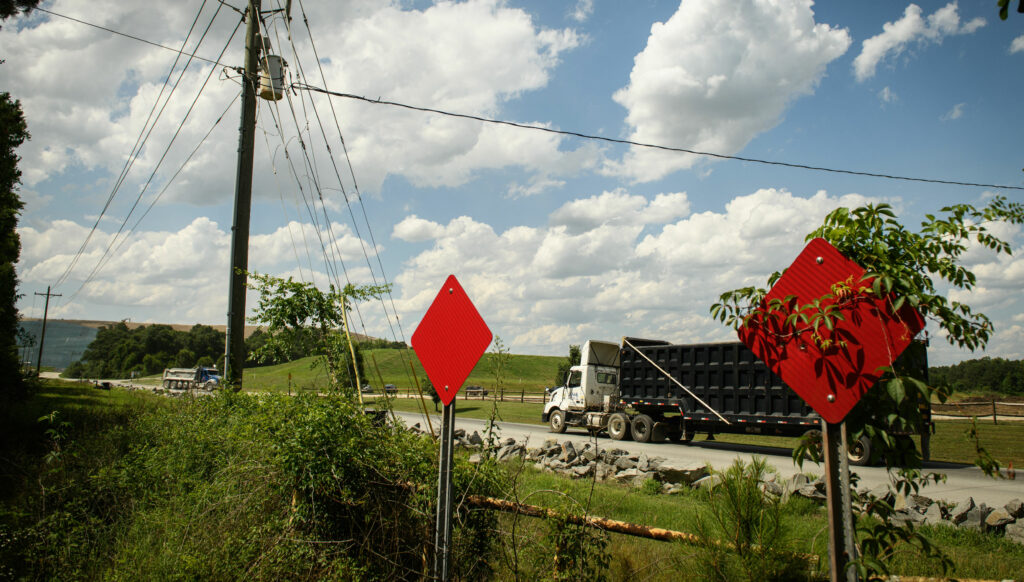 Truck loads of waste arrive at the Sampson County landfill near Roseboro, N.C.