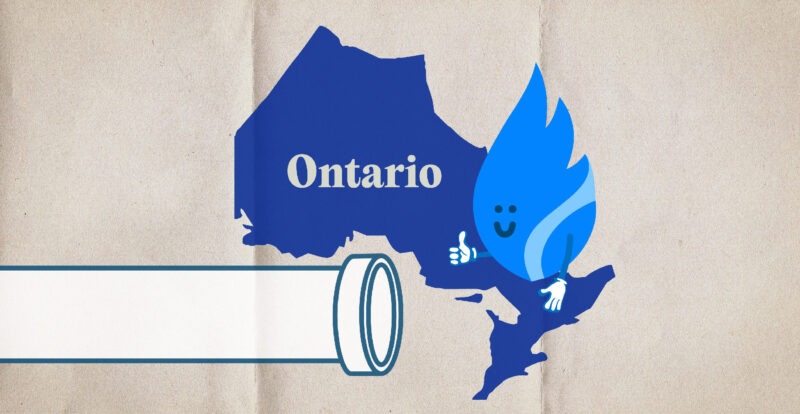 A map of Ontario with a cartoon of a blue flame smiling and giving a thumbs up and a pipeline superimposed on top of it.