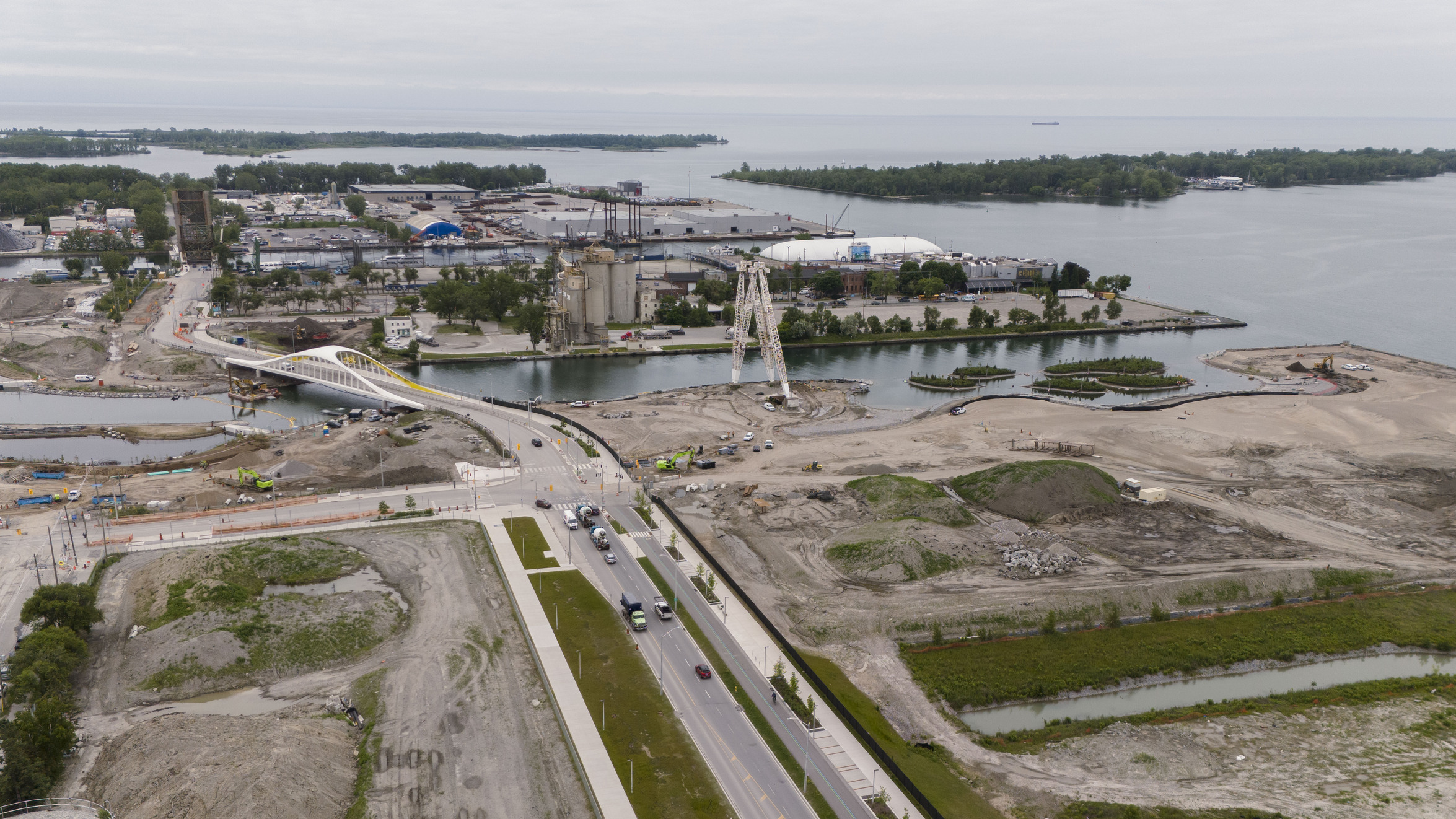 Green* economy: an aerial view of the construction underway in Toronto's Port Lands to renaturalize the mouth of the Don River.