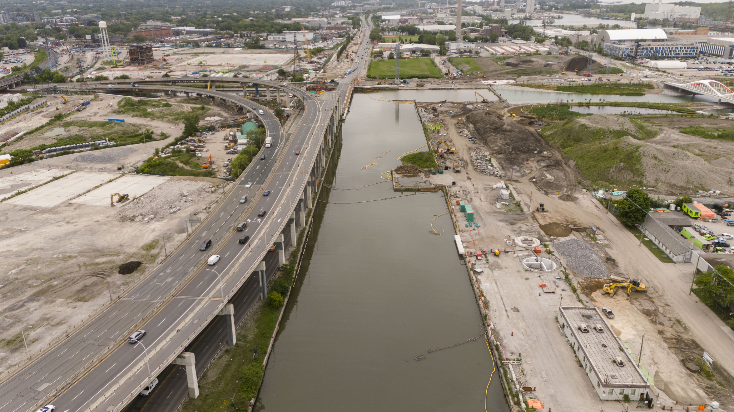 Green* Economy: An aerial view of the Gardiner Expressway and Lake Shore Boulevard in Toronto as they run next to the Keating Channel.