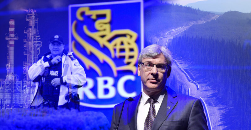 Royal Bank of Canada (RBC) CEO David McKay is seen at the front of a collage that also includes the bank's logo, a police officer at a recent bank, oil and gas infrastructure and a logging road.