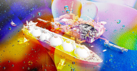 colourful illustration of a LNG tanker and floating liquefaction plant