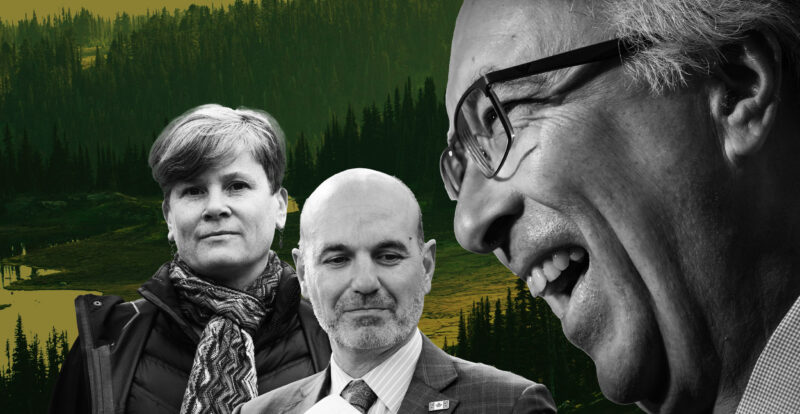 A collage featuring B.C. ministers Josie Osborne and Nathan Cullen, along with BC Conservative Party leader John Rustad, against a green background of trees and sky.