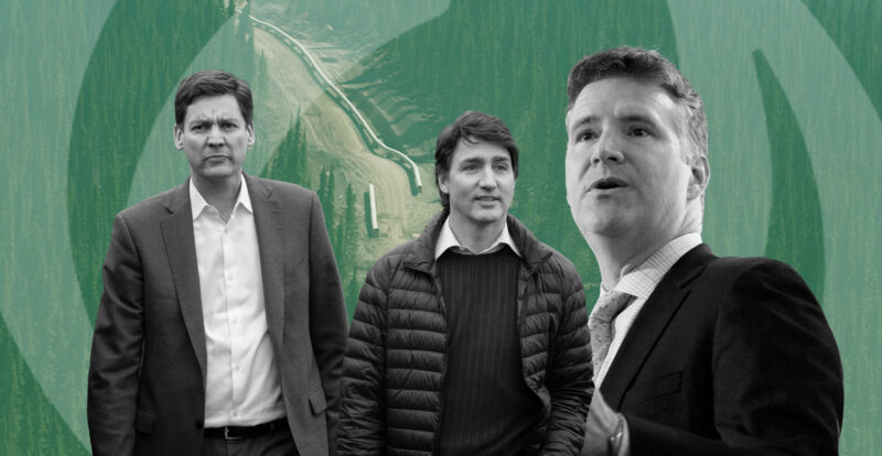 Illustration featuring B.C. Premier David Eby, Canadian Prime Minister Justin Trudeau and TC Energy CEO Fracois Poirier