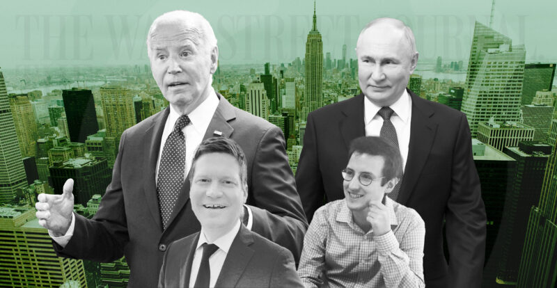 Illustration featuring U.S. President Joe Biden and Russia's Vladimir Putin, with TC Energy staffers Edward Burrier and Michael Oberman, against a New York City backdrop