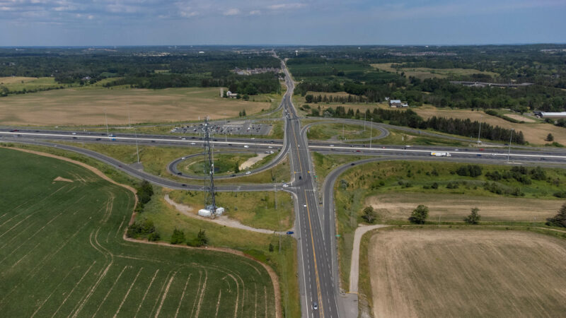 A cloverleaf highway interchange in the Greenbelt, near the proposed location of Highway 413