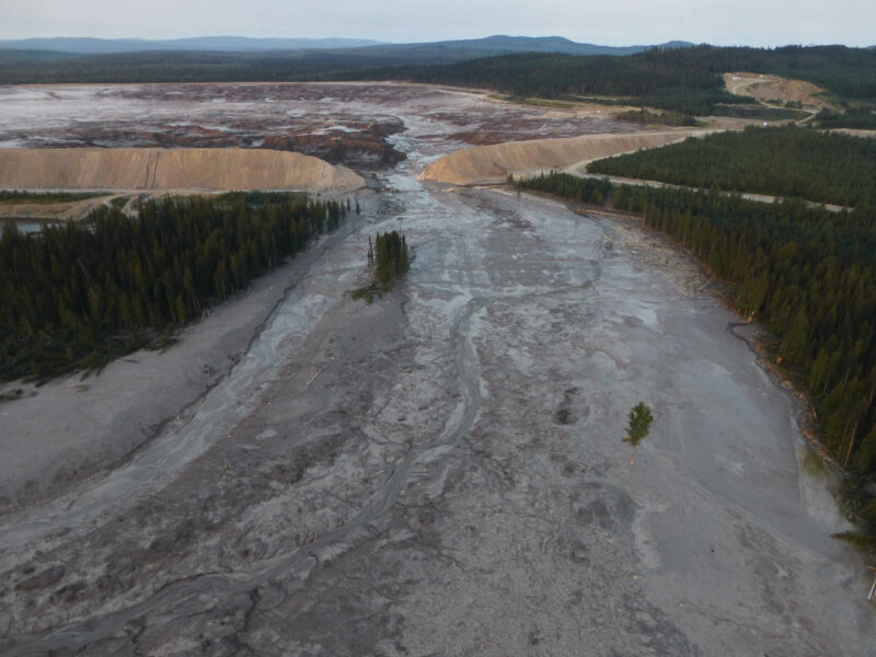 An aerial view of the Mount Polley tailings dam breach shows a deluge of mining waste flowing through the forest