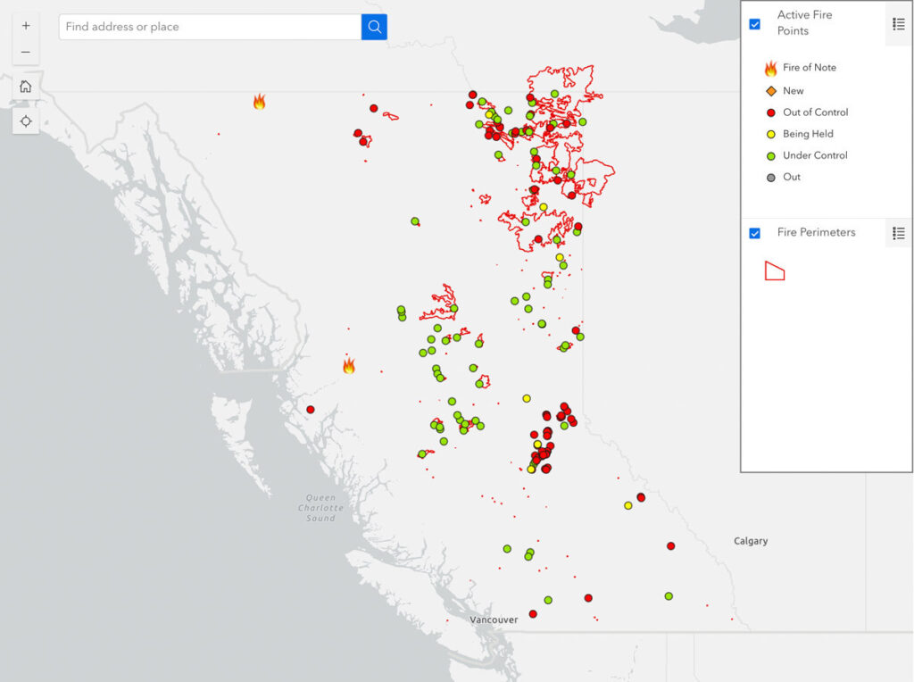 Screenshot of an interactive map showing wildfires in B.C.