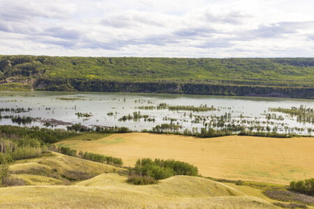 a view of the Peace River Valley as Site C dam floodwaters rise in late August, 2024