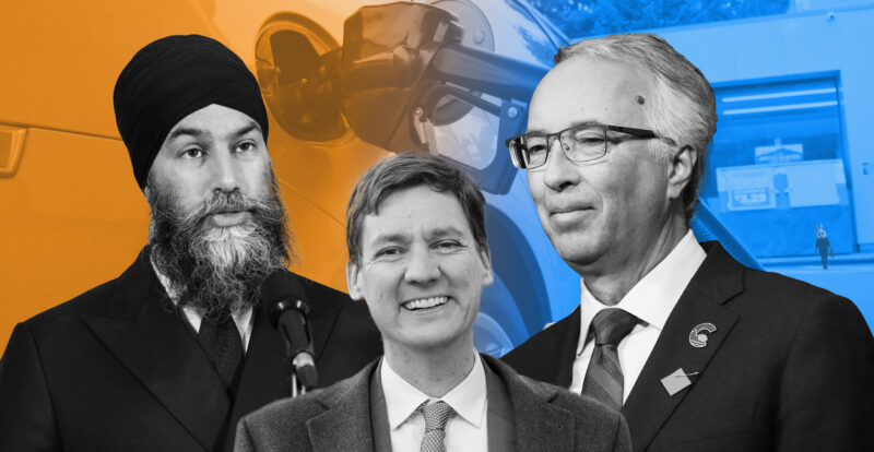 a carbon tax illustration showing B.C. Premier David Eby, BC Conservative Leader John Rustad and federal NDP Leader Jagmeet Singh