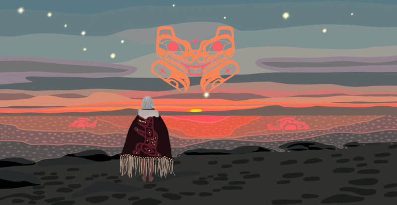 An illustration by Métis artist Nevada Lynn and Nadleh Whut'en Dakelh artist Randall Bear Barnetson shows a woman with a blanket over her shoulders on a coastal shore, looking towards an orange sunset. There are two stylized salmon in the water and a wolf in the sky.