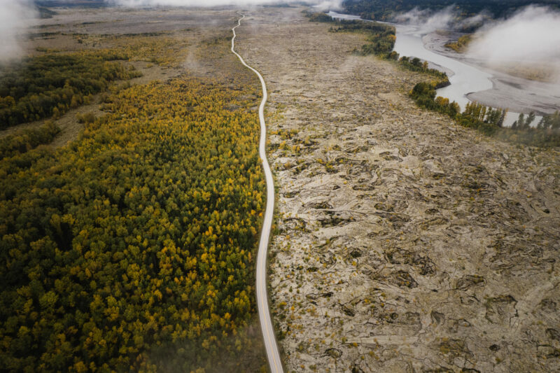 Aerial view of Nisga'a lava beds, highway and Nass River