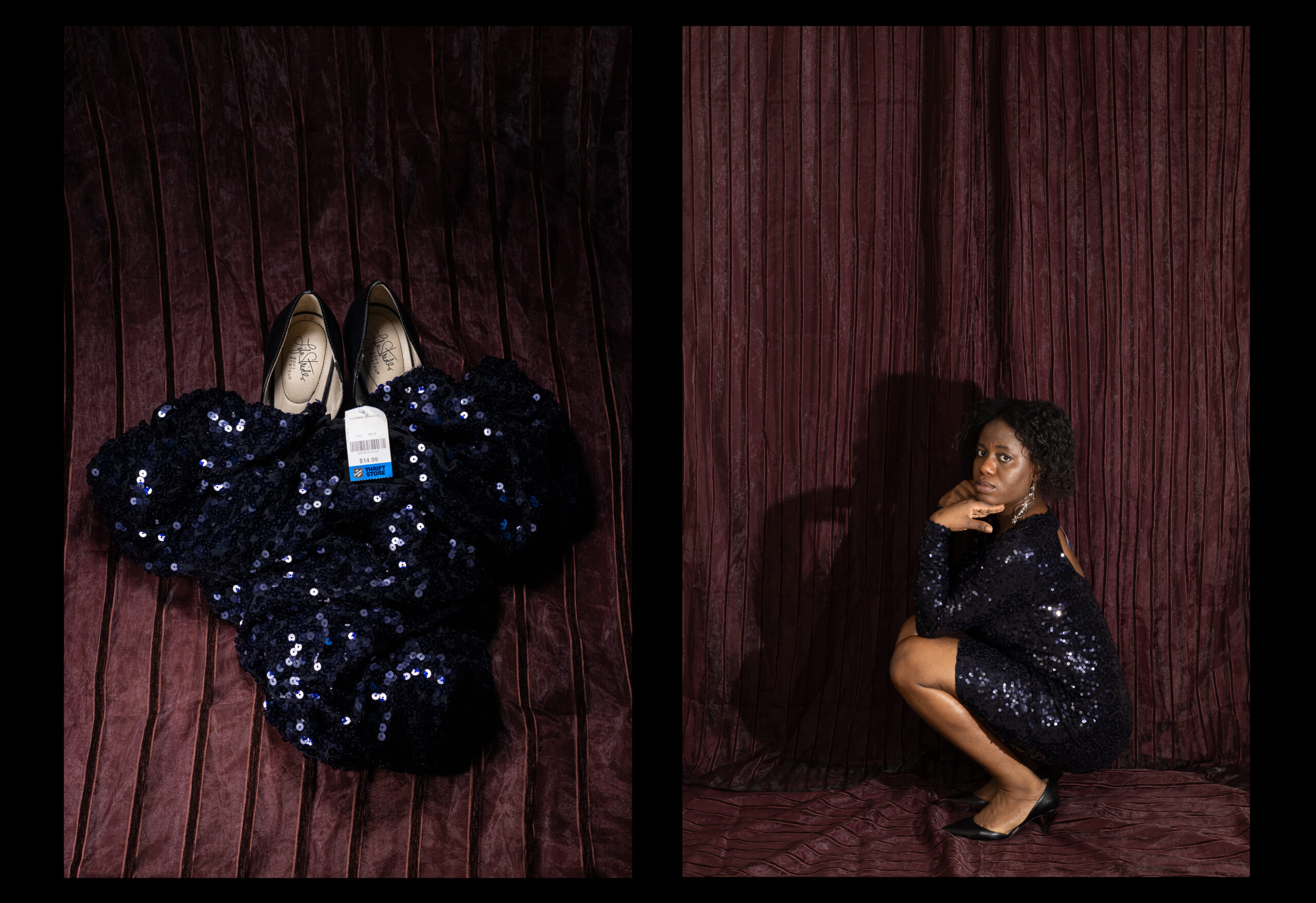 A side-by-side photo composition with black borders by Ebunoluwa Akinbo featuring a still life photo of a dark blue, thrifted sequinned dress and pair of leather heeled shoes and a self portrait wearing the dress and shoes as she crouches against a striped maroon curtain
