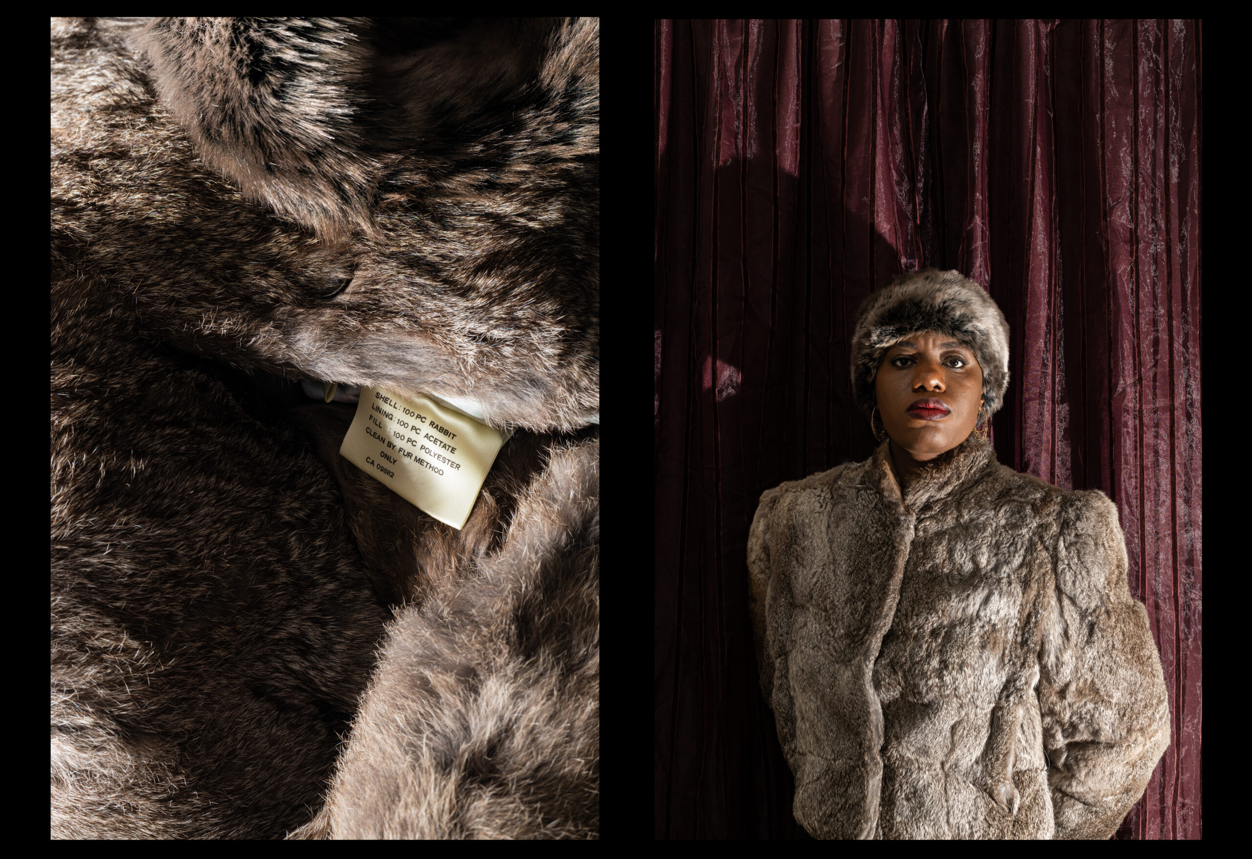 A side-by-side photo composition with black borders by Ebunoluwa Akinbo featuring a close-up still life photo of a thrifted brown rabbit fur coat and hat with a visible label and a self portrait wearing both the hat and jacket while posing in front of a striped maroon curtain
