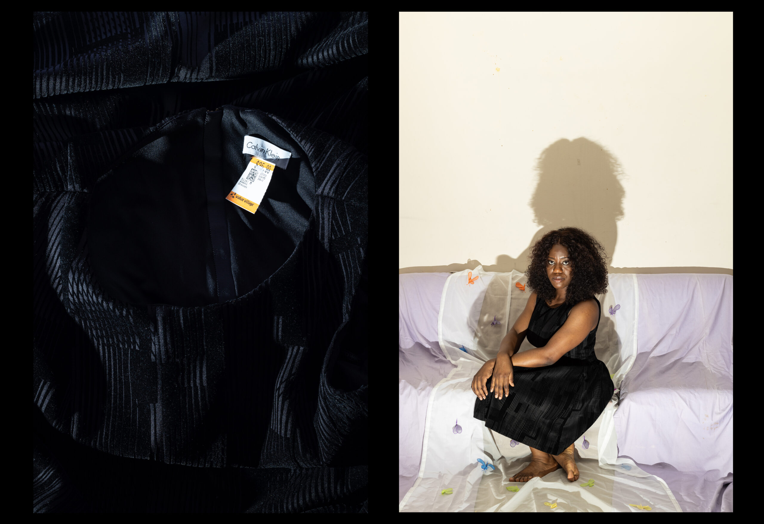 A side-by-side photo composition with black borders by Ebunoluwa Akinbo featuring a close-up still life photo of a thrifted striped black dress with a Calvin Klein label and a self portrait wearing the dress while sitting with arms and legs crossed on a couch covered by thrifted lavender and white sheer curtains
