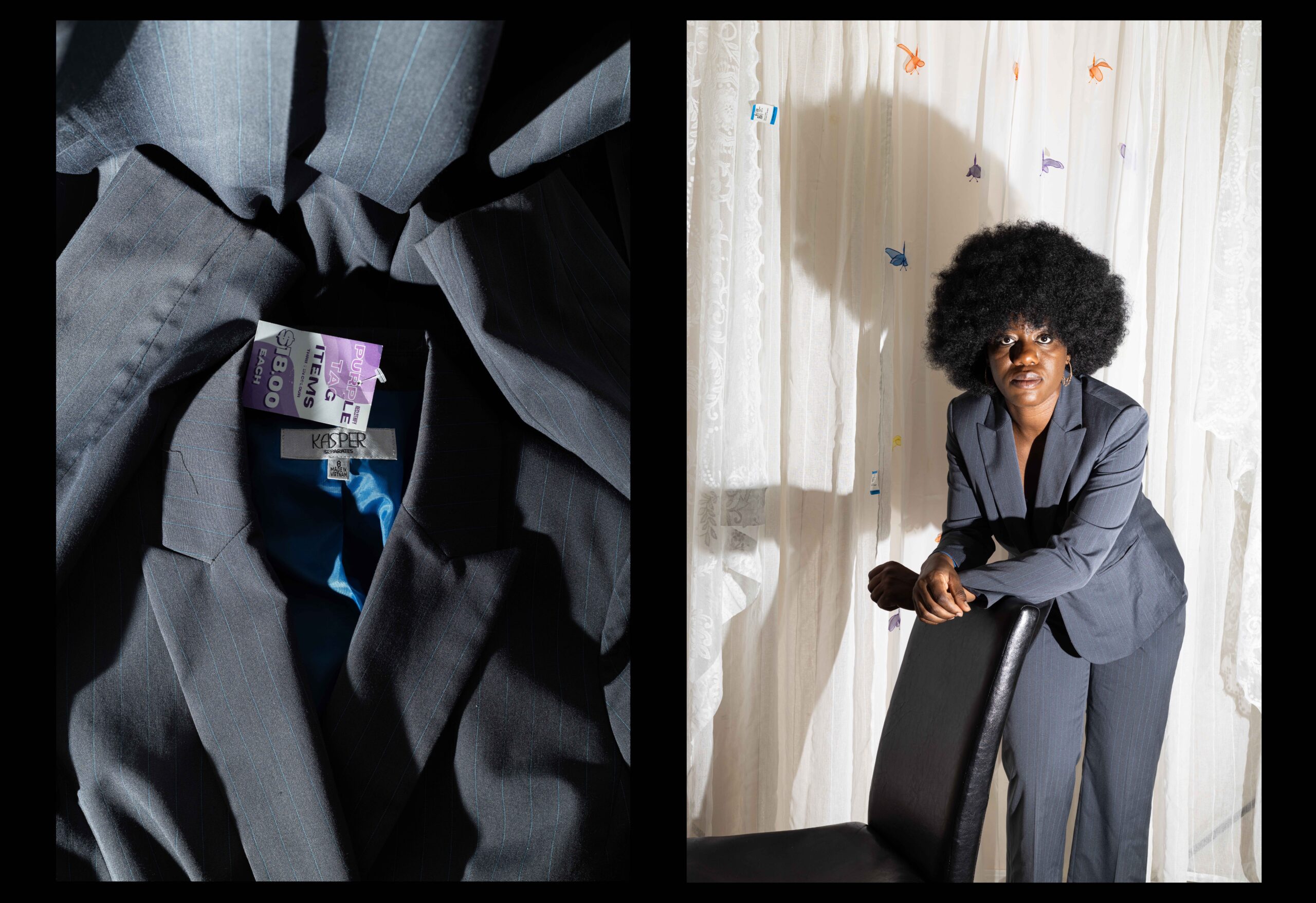 A side-by-side photo composition with black borders by Ebunoluwa Akinbo featuring a close up still life photo of a thrifted grey suit with blue pinstripes and a self portrait wearing the grey suit, leaning against a black leather chair in front of a thrifted sheer white curtain decorated with colourful butterflies
