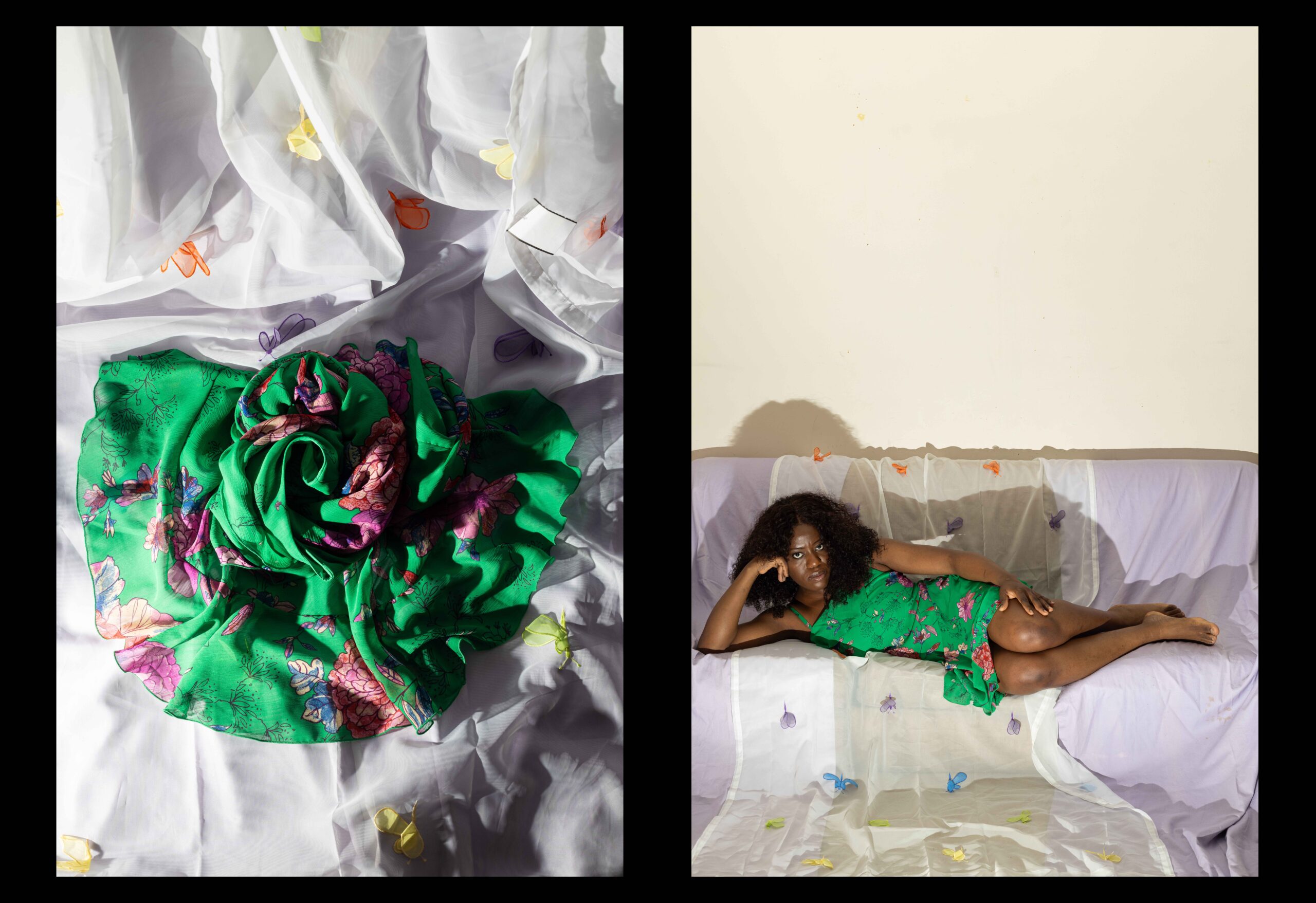 A side-by-side photo composition with black borders by Ebunoluwa Akinbo featuring a still life photo of a thrifted green dress adorned with pink and blue florals and a self portrait wearing the dress while laying on a couch covered by thrifted lavender and white sheer curtains
