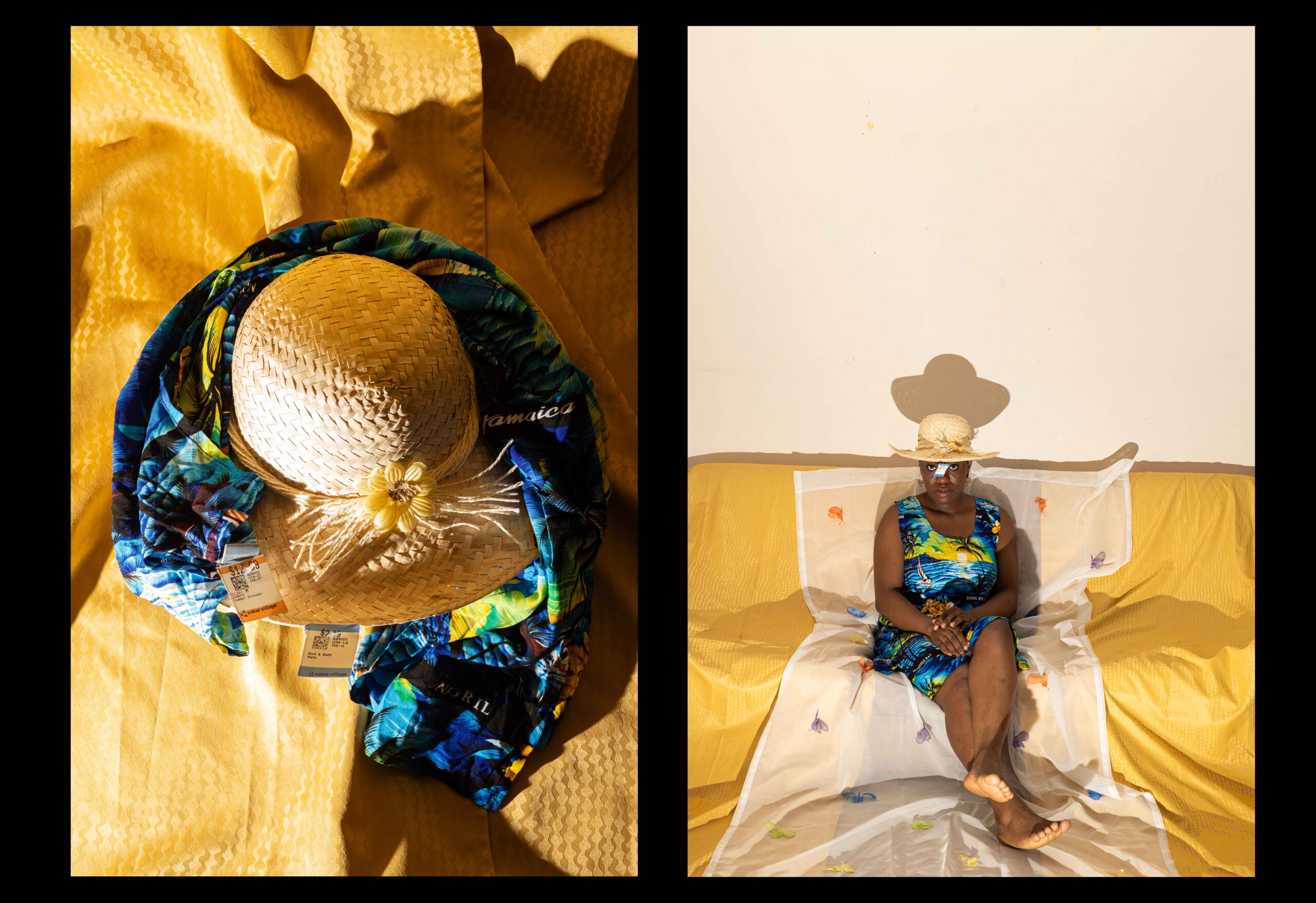 A side-by-side photo composition with black borders by Ebunoluwa Akinbo featuring a still life photo of a thrifted straw sunhat and tropical patterned dress with images of the ocean, palm trees and sunsets and a self portrait wearing the hat and dress while sitting cross-legged on a couch covered in a bright yellow thrifted curtain and sheer white curtain