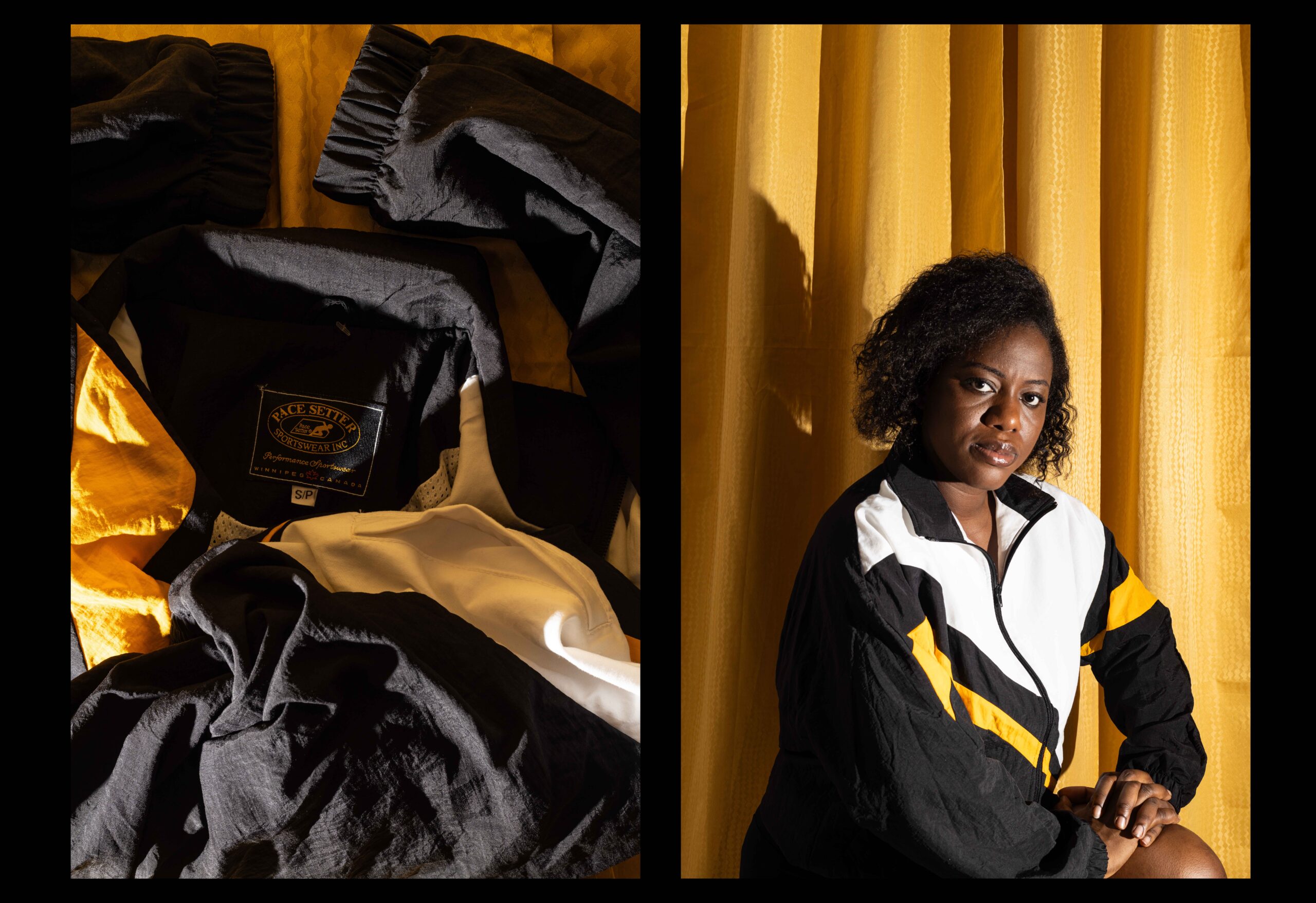 A side-by-side photo composition with black borders by Ebunoluwa Akinbo featuring a close-up still life photo of a thrifted black, white and yellow windbreaker and a self portrait wearing the windbreaker and posing against a thrifted yellow curtain
