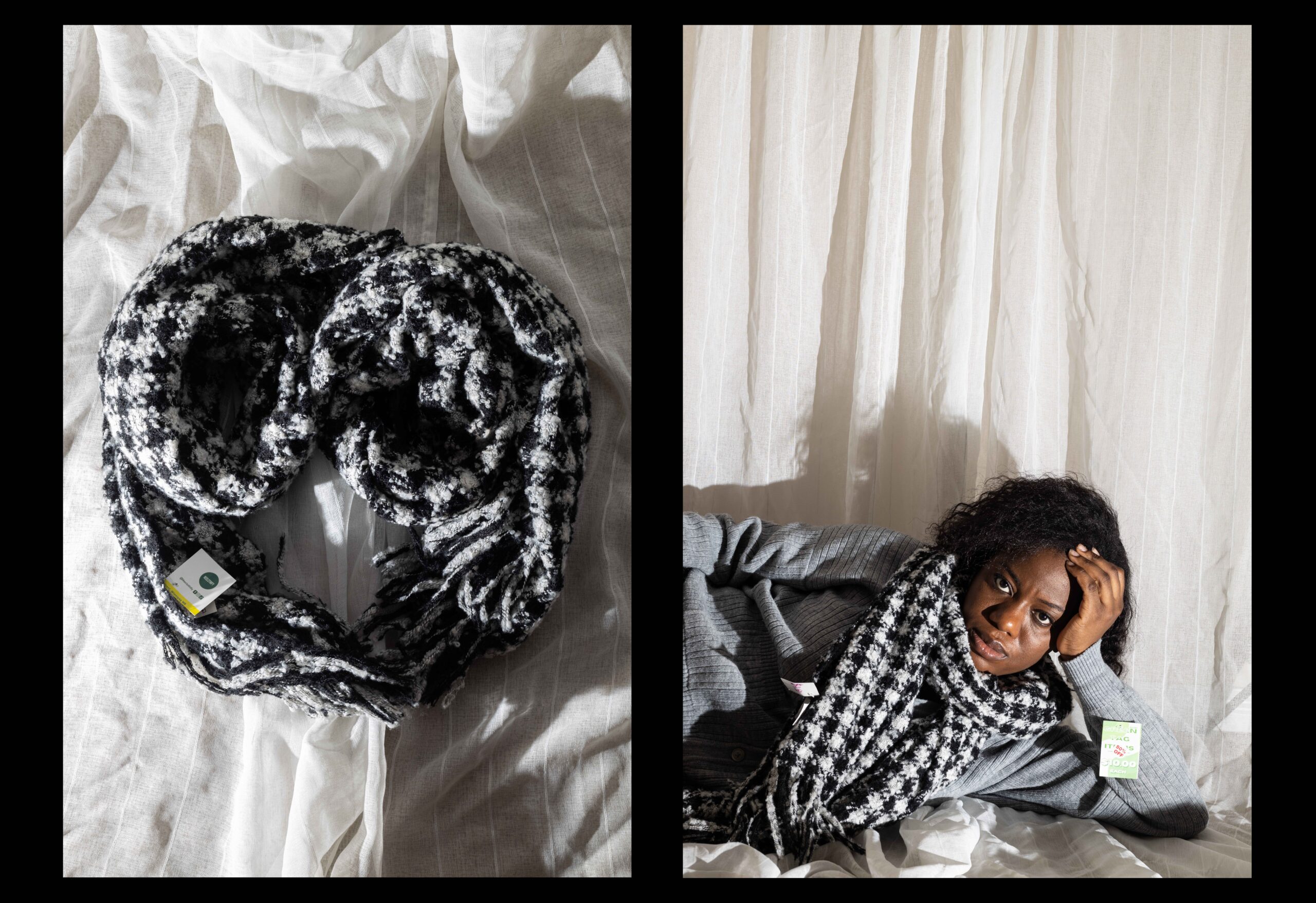 A side-by-side photo composition with black borders by Ebunoluwa Akinbo featuring a still life photo of a thrifted houndstooth scarf arranged in spiral shapes and a self portrait wearing the scarf and a thrifted grey turtleneck sweater while laying with her head in her hands against a thrifted, striped sheer white curtain