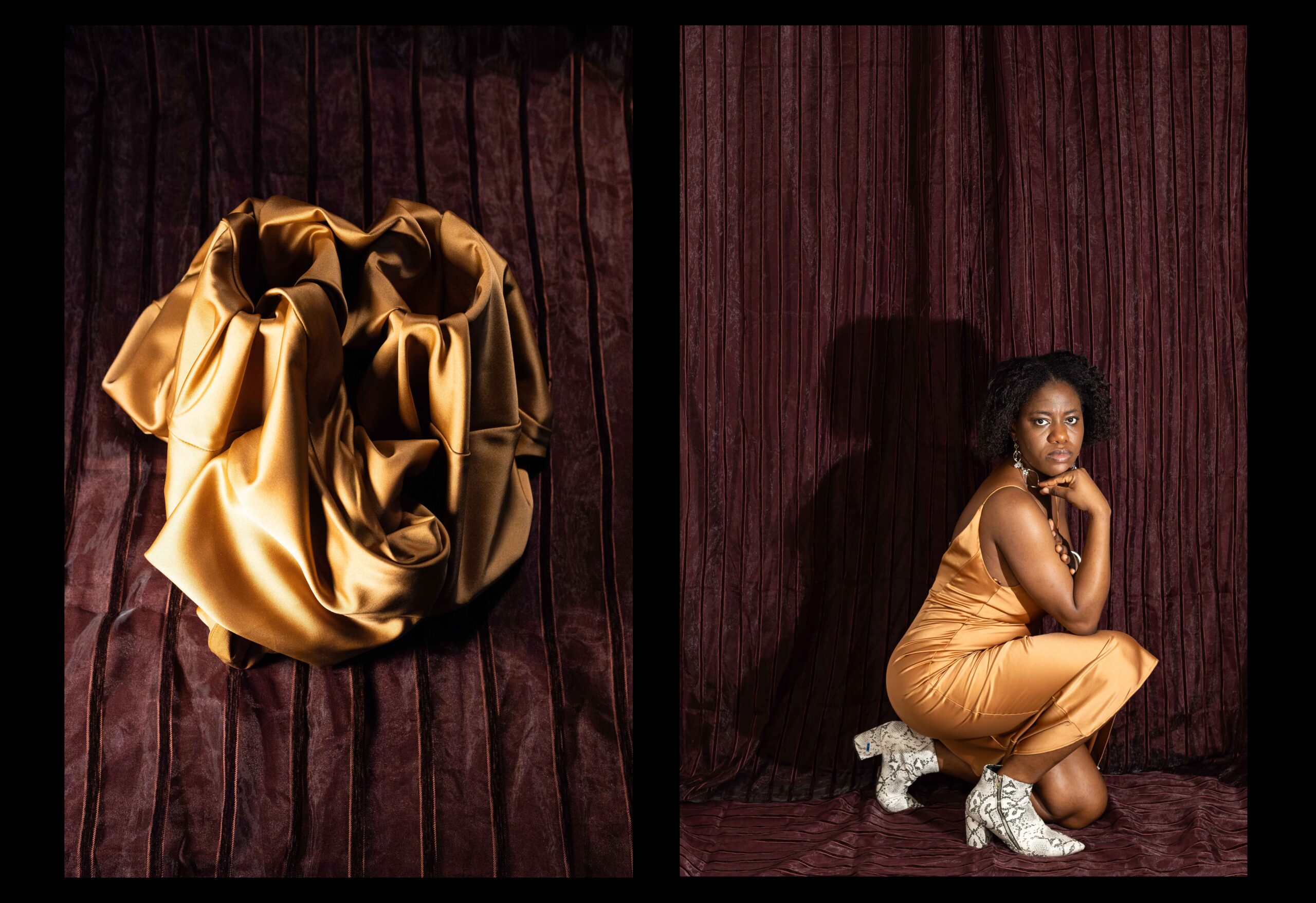 A side-by-side photo composition with black borders by Ebunoluwa Akinbo featuring a still life photo of a thrifted gold satin dress arranged and a self portrait wearing the gold dress, long earrings and white and grey faux-snakeskin heeled boots, crouching with her hand on her chin in front of a thrifted, striped maroon curtain
