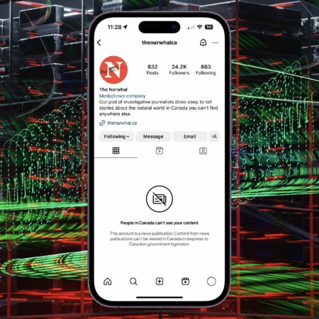An illustration of a phone with a dystopian, wired background. The phone screen shows The Narwhal's Instagram account, with a message that reads: "People in Canada can't see your content. This account is a news publication. Content from news publications can't be viewed in Canada in response to Canadian government legislation." The feed is blocked by that message and no posts are visible.
