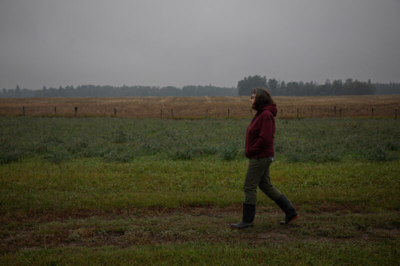 A woman in rubber boots walks in front of a field on a grey day