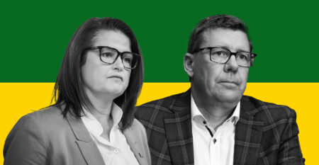 Carla Beck and Scott Moe photos superimposed on an image of the Saskstchewan provincial flag