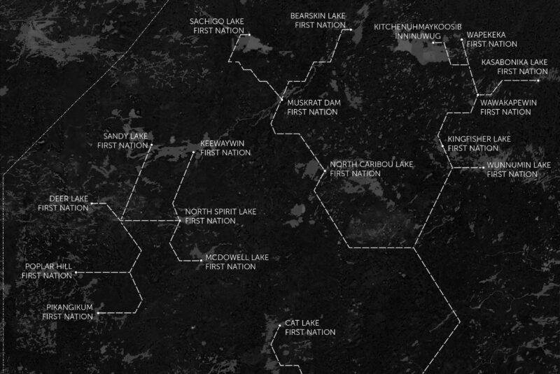 Relief map in black showing various First Nations in northern Ontario connected by white lines